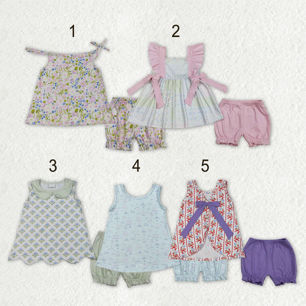 Sibling Baby Girls Colorful Flowers Beach Bows Tunic Ruffle Short Clothes Sets）
