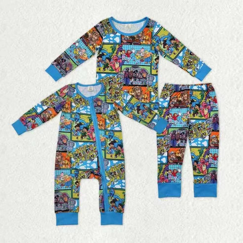 Sibling Boys Cartoon Animals Long Sleeve Pajama Set Zipper Romper
