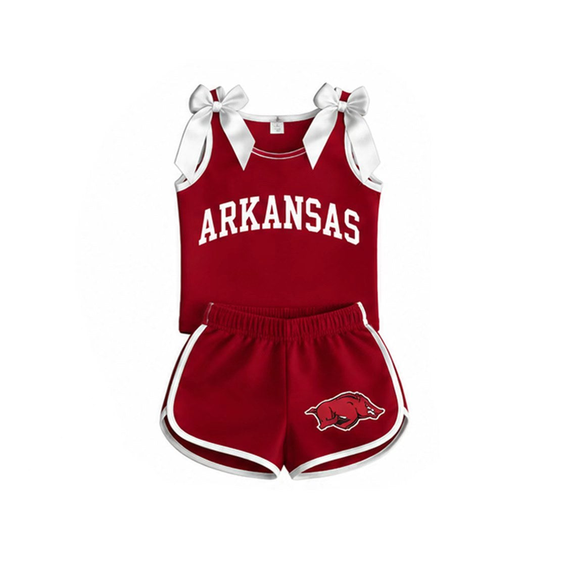 7.4 Preorder Girls Arkansas White Bow Red Strap Tank &  Shorts 2 Piece Outfit
