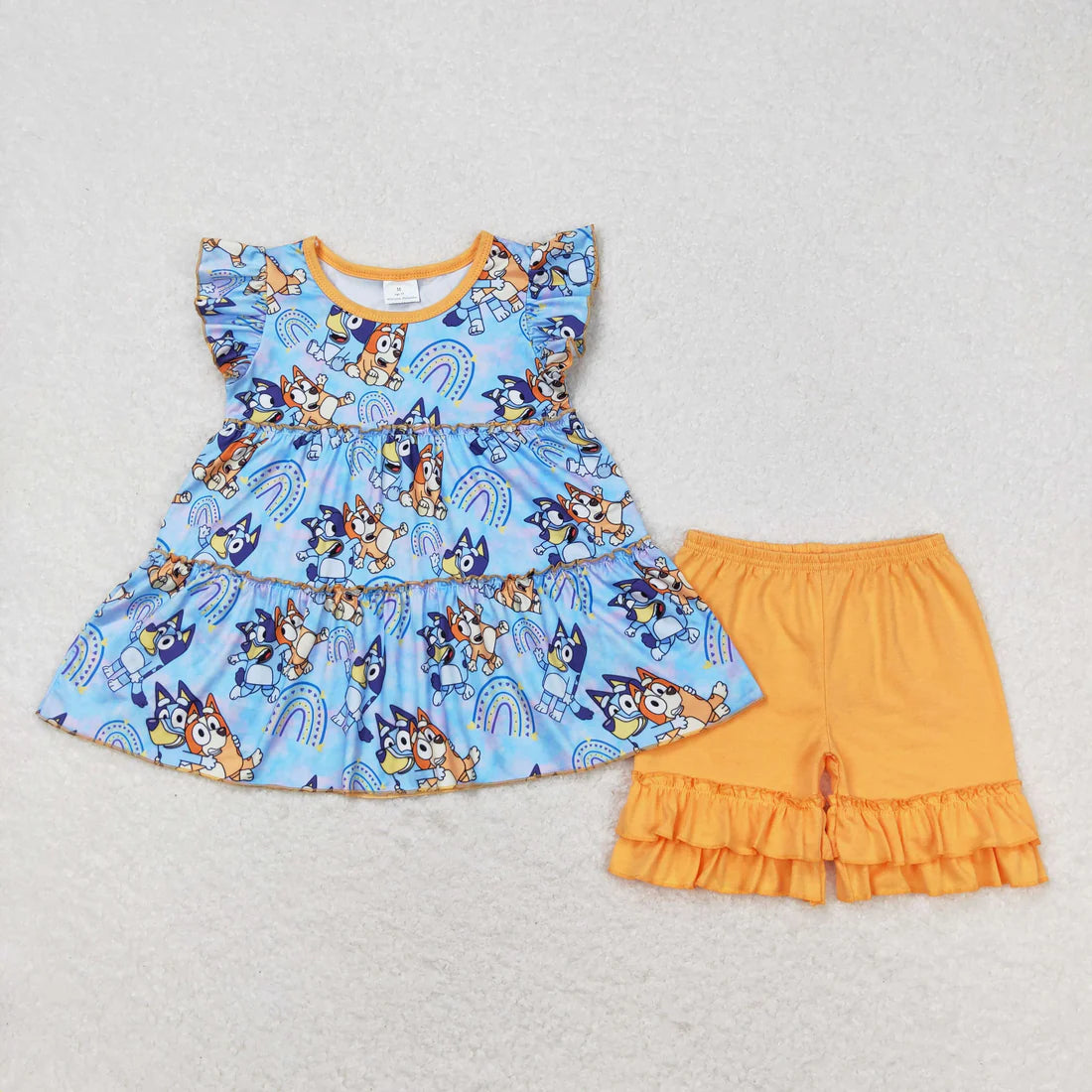 Baby Girls Dog Rainbow Flutter Sleeve Top Ruffle Shorts Outfit