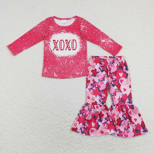 Baby Girls Valentine XOXO Long Sleeve Heart Bell Bottom Pants Outfit