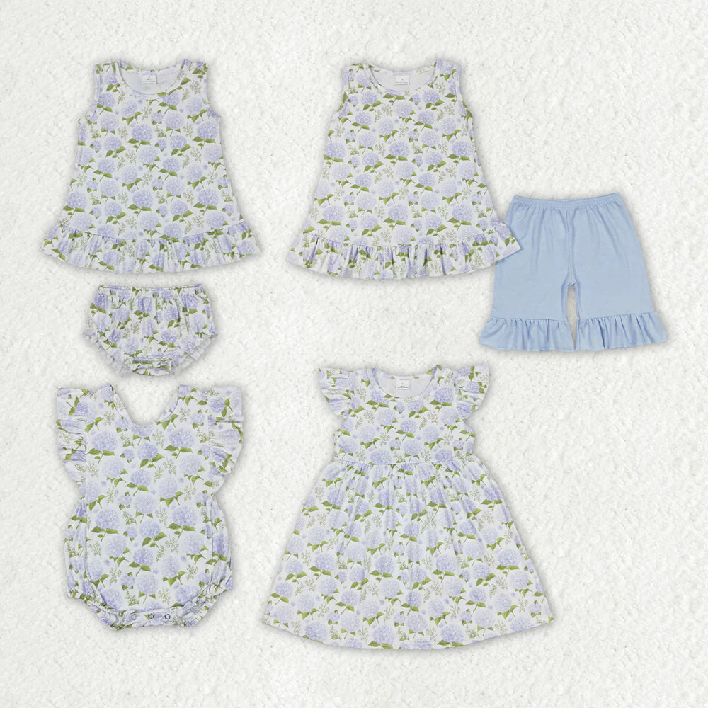 Baby Girls Blue Flowers Sibling Sister Dresses Clothes Set