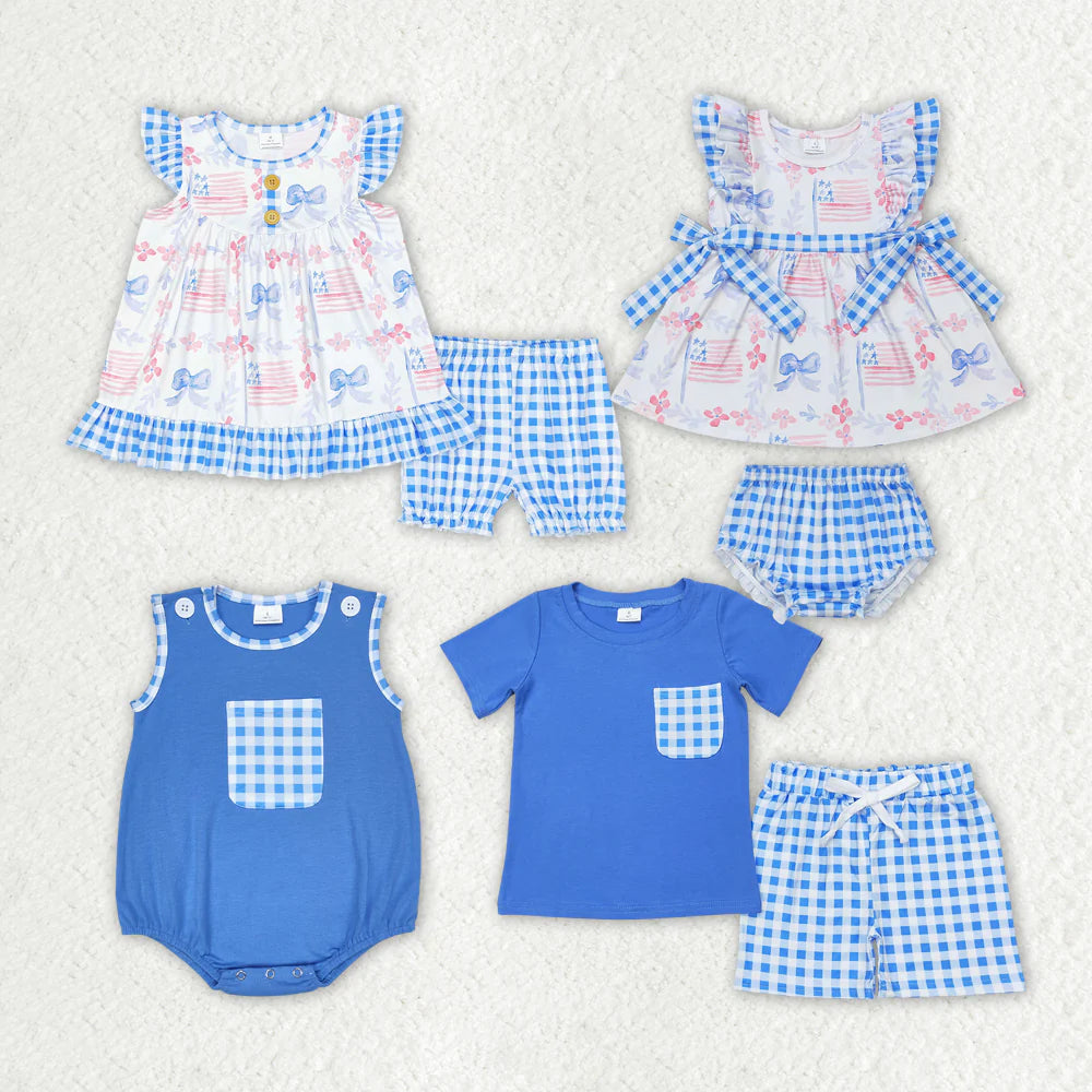 Sibling Baby Girls Boys 4th of July Bows Summer Outfit Rompers