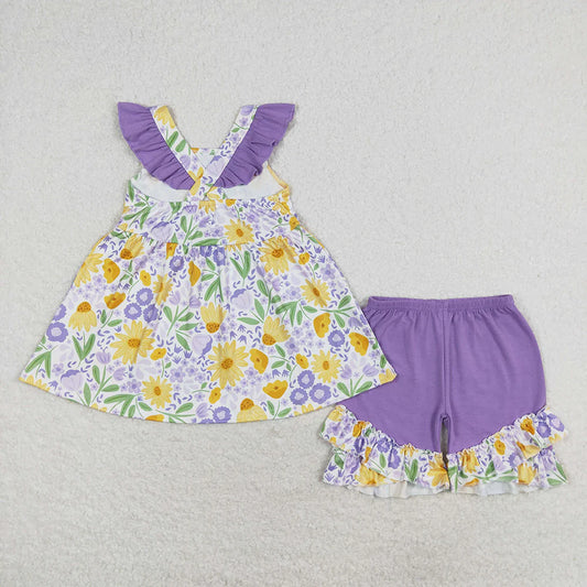 Baby Girls Purple Flowers Tunic Top Ruffle Shorts Outfit