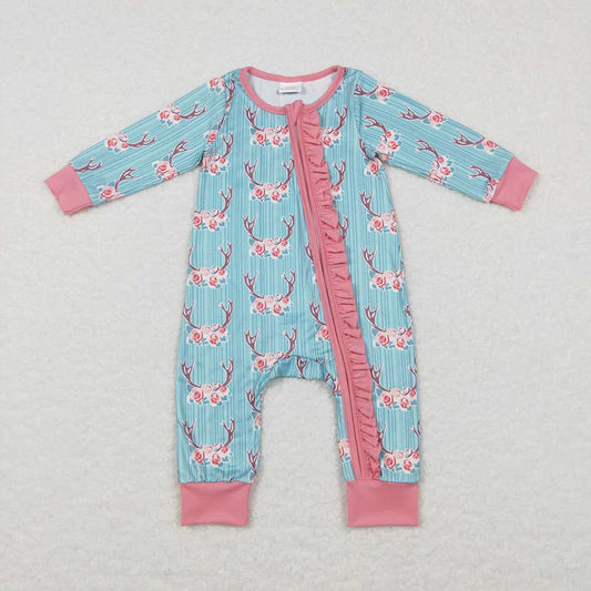 Baby Infant Girls Western Cow Flowers Long Sleeve Rompers