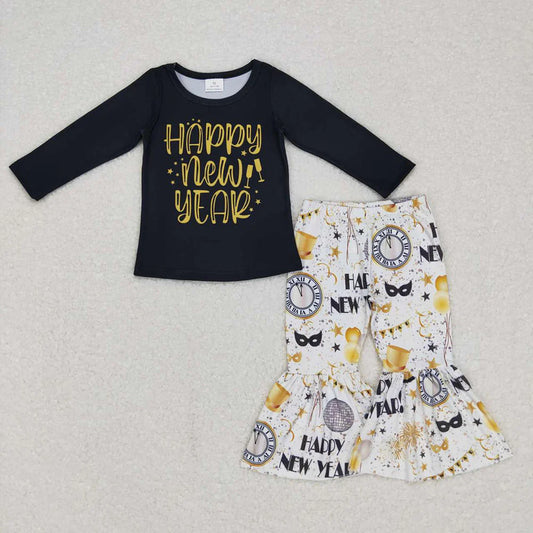 Baby Girls Black Happy New Year Top Bell Bottom Pants Clothes Sets
