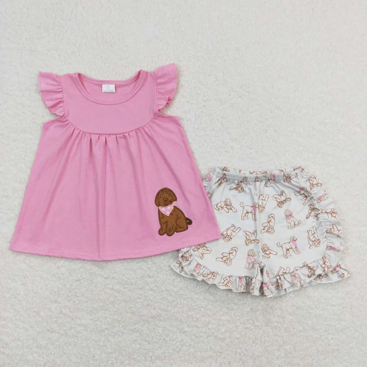 Baby Girls Embroidery Pink Dog Tunic Top Ruffle Shorts Clothes Sets