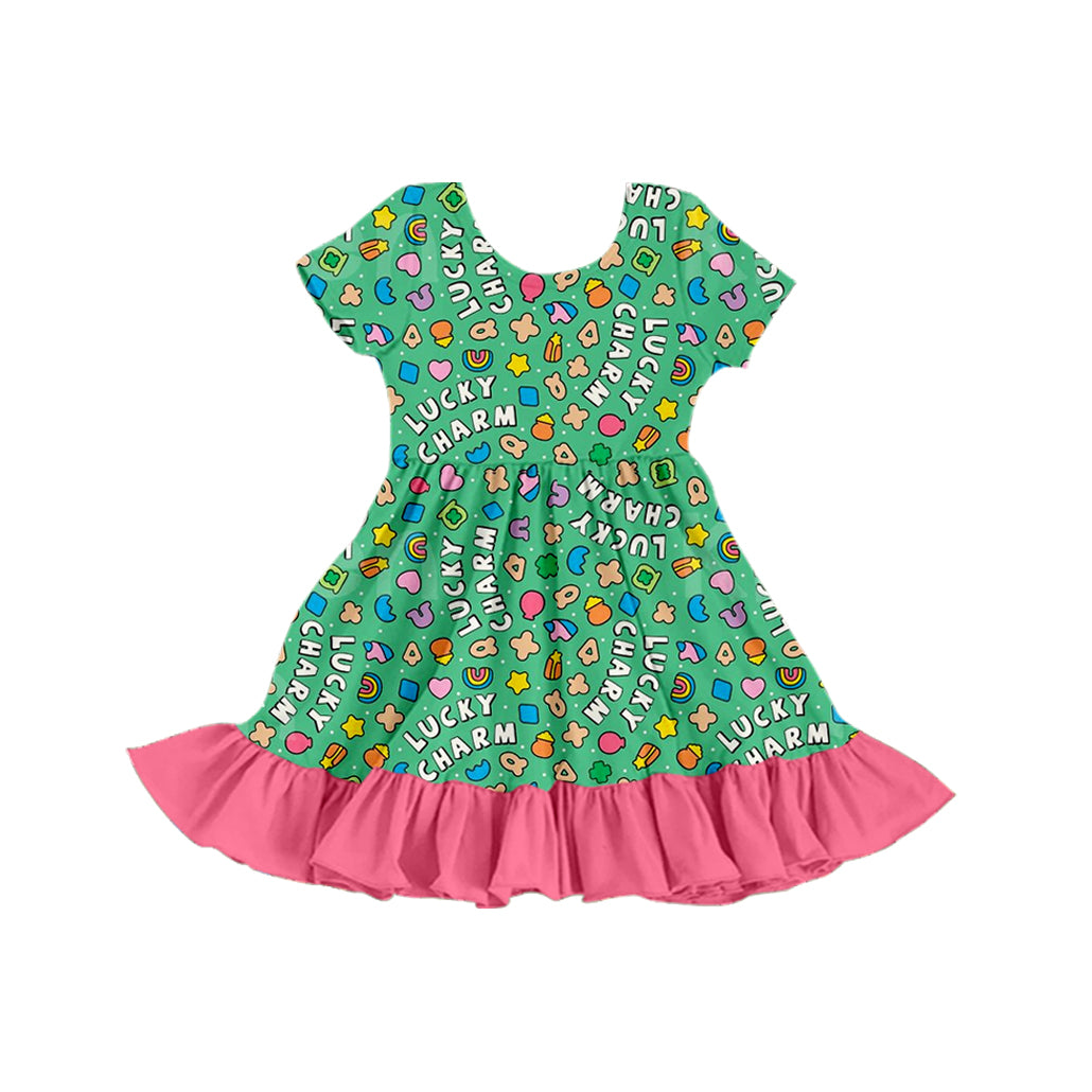 (Custom Design Preorder MOQ 5) 4 Leaf Clover Bows Print Girls Knee Length Ruffle Dress Sisters Wear
