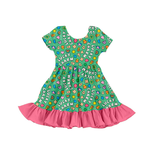 (Custom Design Preorder MOQ 5) 4 Leaf Clover Bows Print Girls St Patrick Day Knee Length Ruffle Dress Sisters Wear