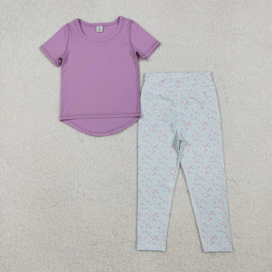 Baby Girls Lavender Short Sleeve Top Floral Legging Pants Yoga Active Clothes Set