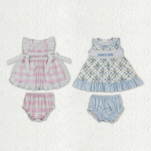 Sibling Flutter Sleeve Embroidery Mama's Daddy's Girl Colorful Flowers Tunic Bummies Clothes Sets
