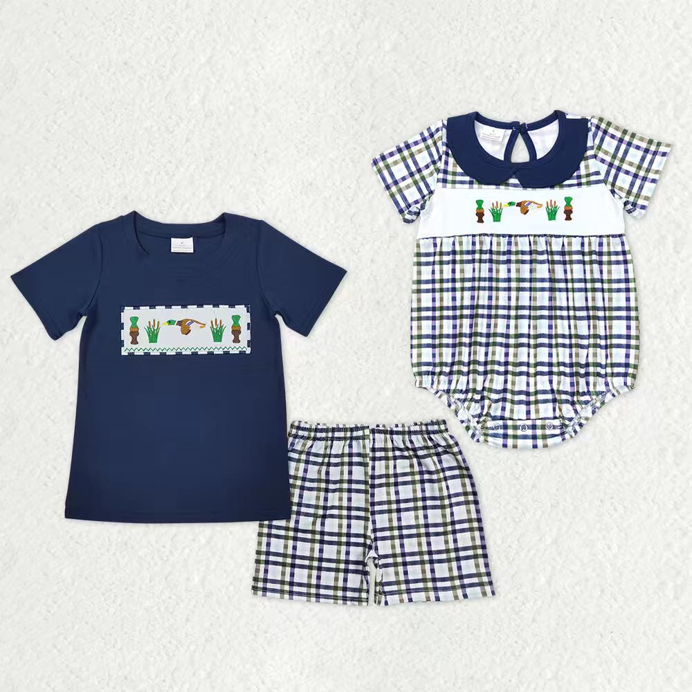 Sibling Baby Boys Embroidery Ducks Calls Top Blue Checked Shorts Hunting Clothes Set Romper