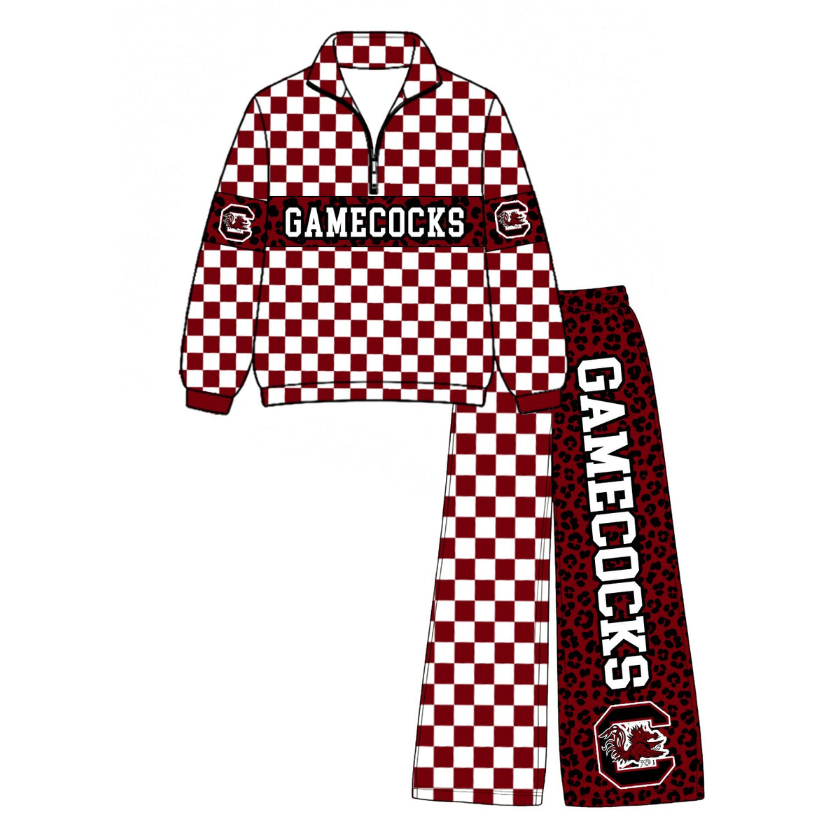 (Custom Design Preorder MOQ 5 Each)Teams Leopard Checkered Print Long Sleeve Zipper Top Split Pants Girls Clothes Set Sisters Wear