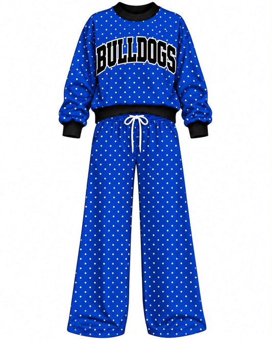 Preorder( 5  MOQ) Baby Girls Bulldogs Blue Polka Dot Outfit