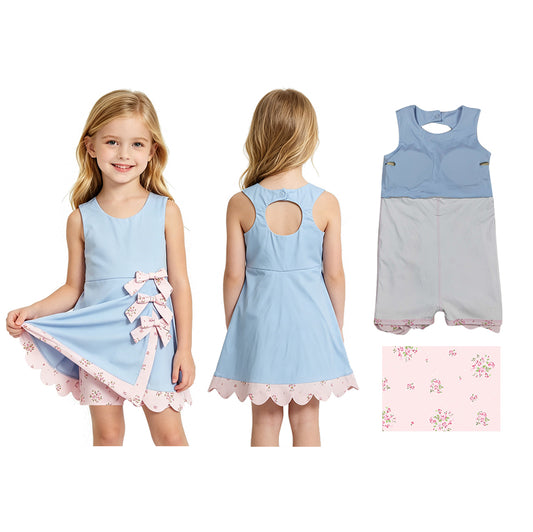 GSD3030 Pink Floral Bows Scallop Edge Baby Girls Blue Sleeveless Yoga Dress