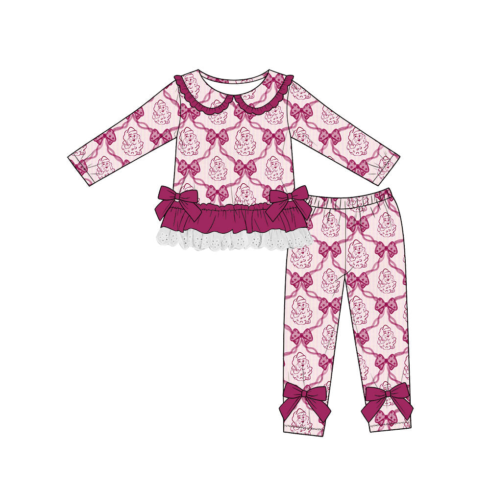 (Custom Design Preorder MOQ 5) Santa Bows Maroon Ruffle Top Legging Pants Girls Christmas Clothes Set