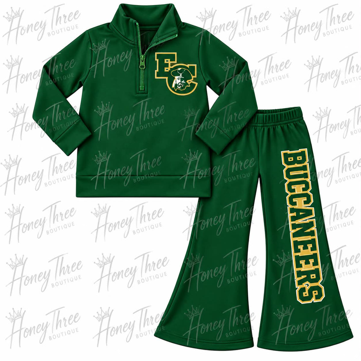 (Custom Design Preorder MOQ 5) Teams BUCCANEERS Print Green Zipper Pullover Top Bell Pants Girls Yoga Clothes Set