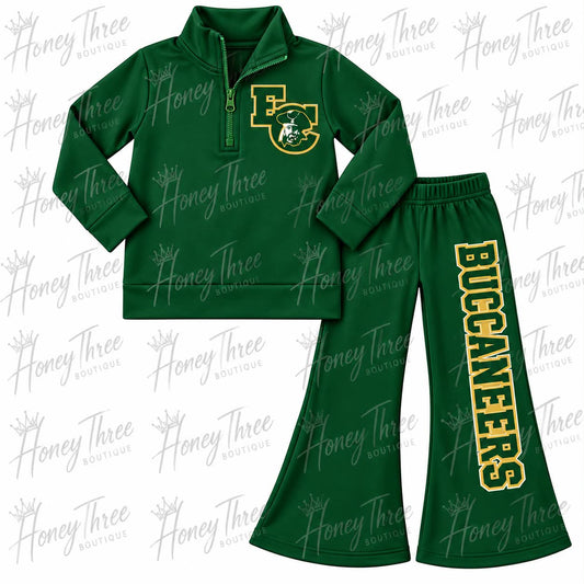 (Custom Design Preorder MOQ 5) Teams BUCCANEERS Print Green Zipper Pullover Top Bell Pants Girls Yoga Clothes Set