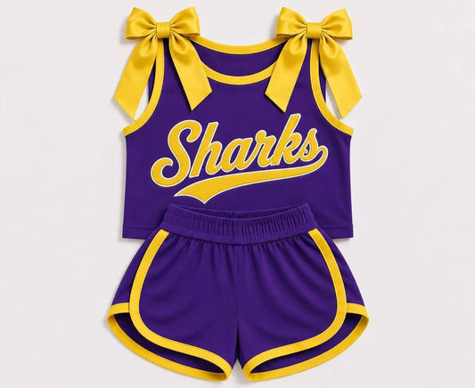 (Custom Design Preorder MOQ 5) Girls  Bow Strap Sharks Purple Tank  & Shorts Sport Team Outfit