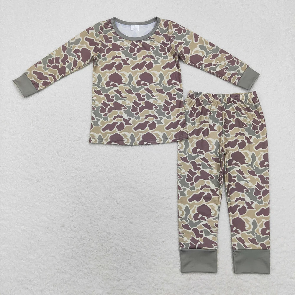 Sibling Baby Boys Hunting Green Camo Long Sleeve Pajama Set and Zipper Romper