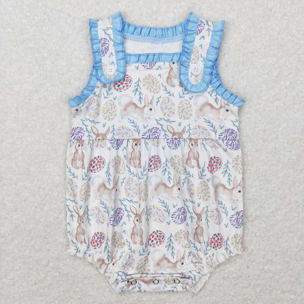Baby Girls Easter Rabbit Flowers Sleeveless Bubble Romper