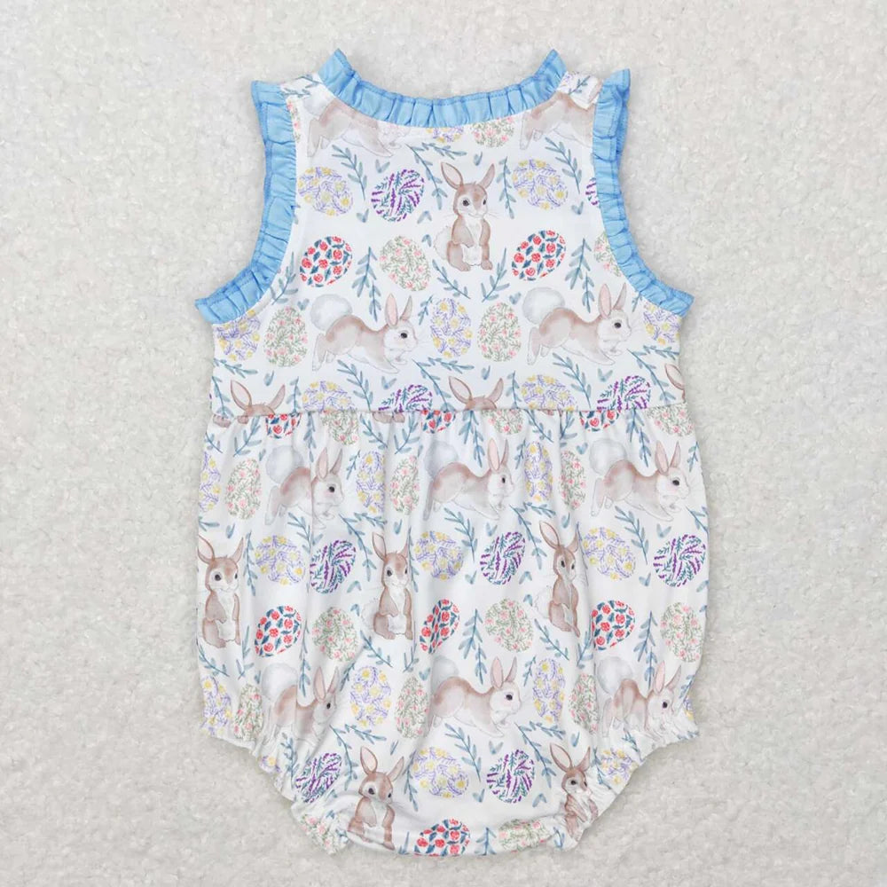 Baby Girls Easter Rabbit Flowers Sleeveless Bubble Romper