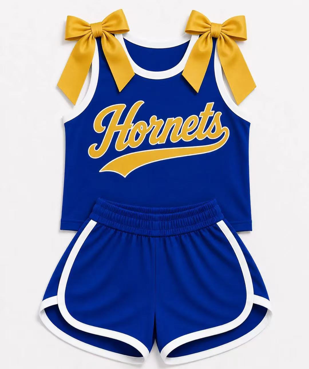 (Custom Design Preorder MOQ 5) Girls  Bow Strap Hornets Tank  & Shorts Sport Team Outfit
