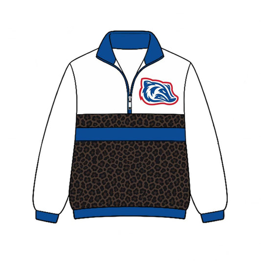(Custom Design Preorder MOQ 5)  Arkadelphia badgers Leopard Print Girls & Women Sports Team Long Sleeve Zipper Pullover Top