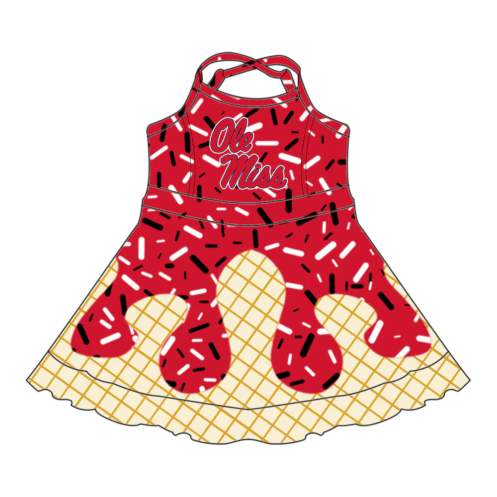 (Custom Preorder MOQ 5) Baby Girls Drip Sprinkles Ole Miss Team Shorts Ruffle Knee Length Dress