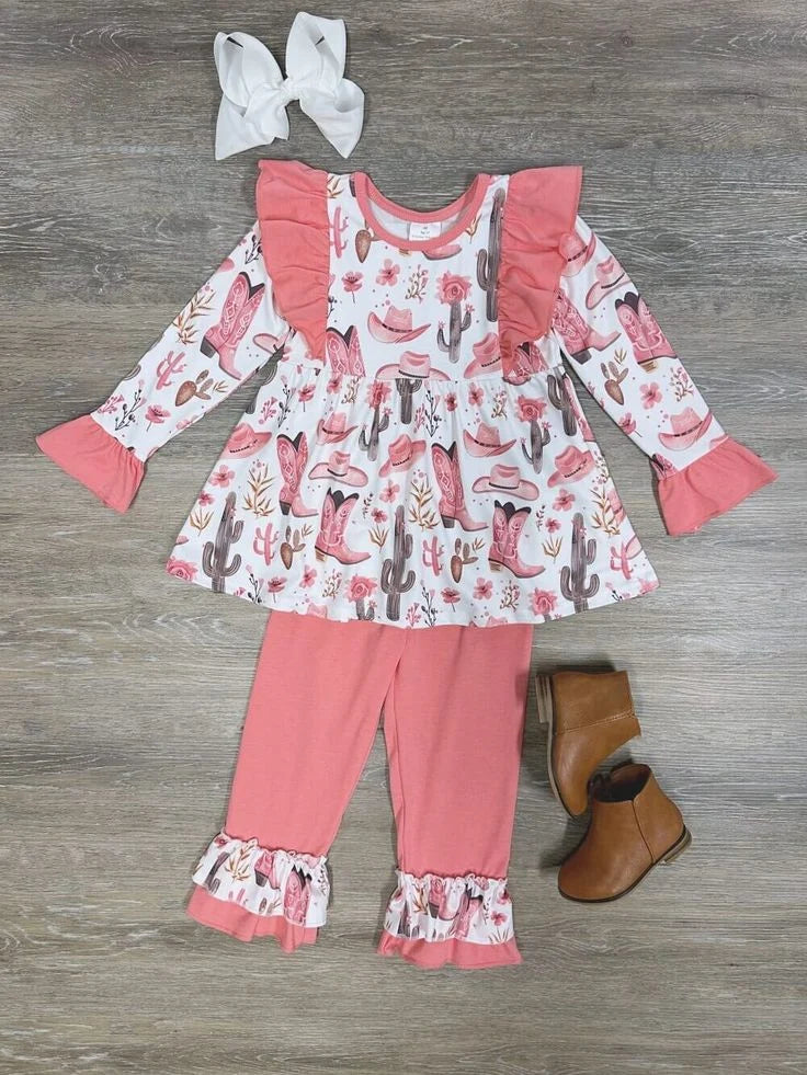 Baby Girls  Western Boots Cactus Tunic Top with Ruffle Pants Outfit