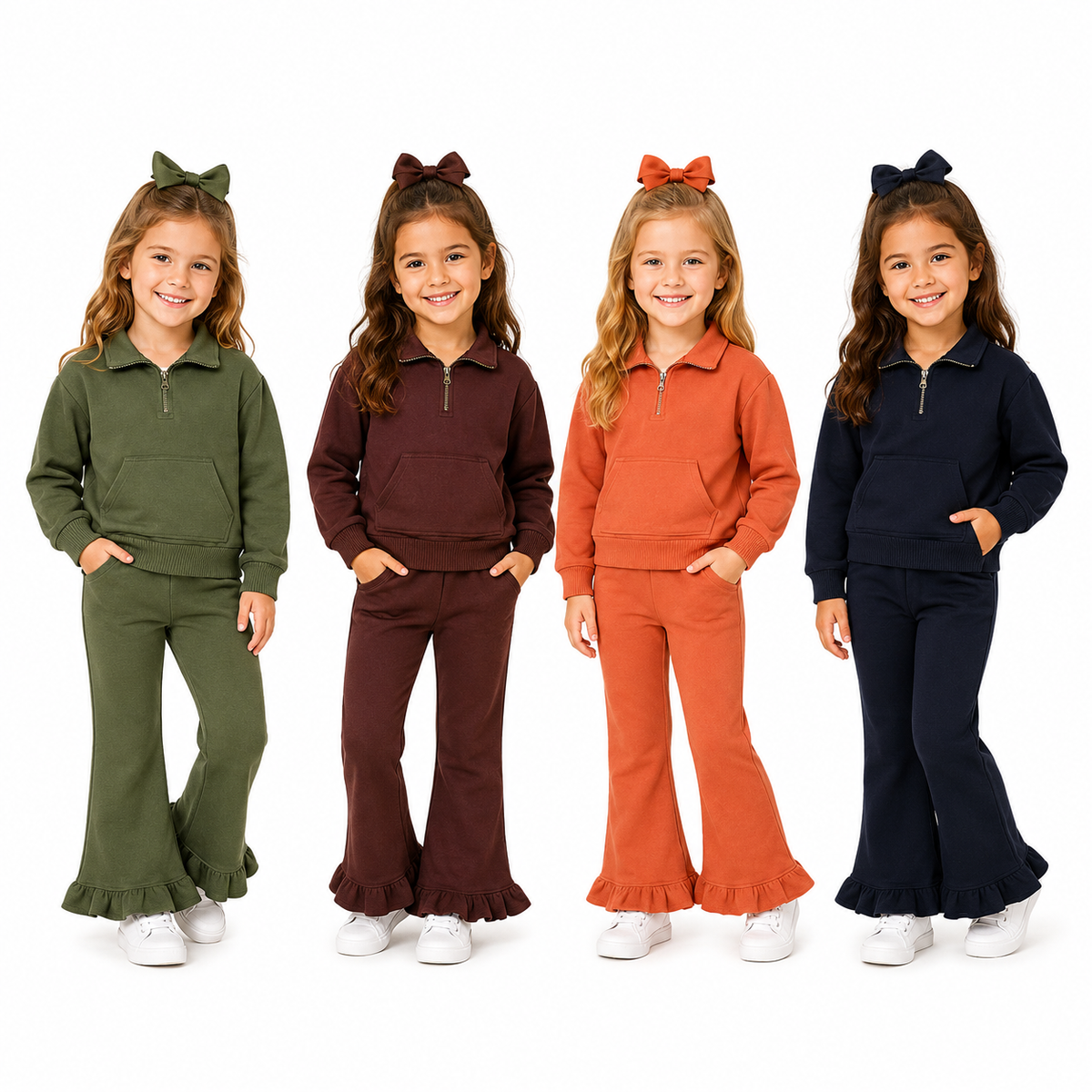 Sibling Kids Girls  Solid Color Zipper Pullover Sweatshirt Bell Bottom Pants Outfit