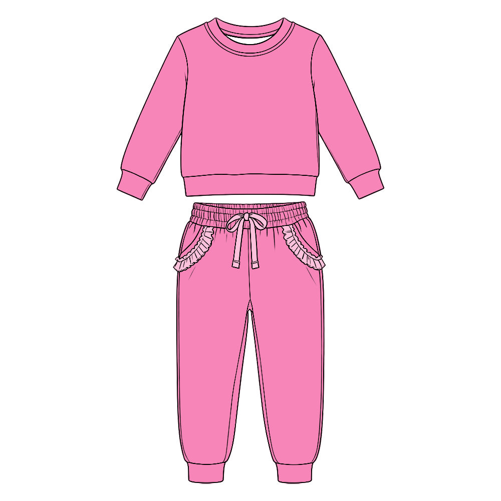(Custom Design Preorder MOQ 5 Each) Solid Color Cotton Long Sleeve Top Ruffle Pants Girls Princess Clothes Set Sisters Wear