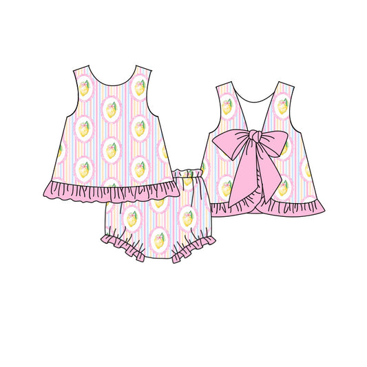 (Custom Design Preorder MOQ 5 ) Lemon Stripes Baby Girls Summer Bummie Set