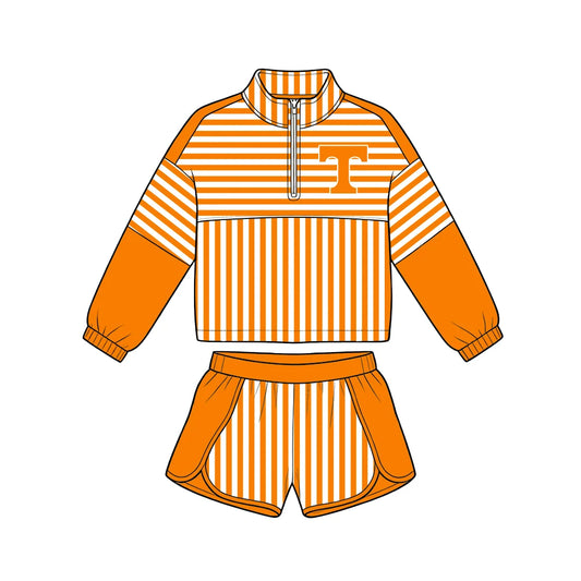 (Custom Design Preorder MOQ 5) Baby Girls Orange Stripe Tennessee Zip Pullovers Short Team Clothes Set