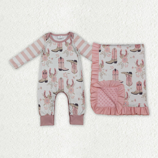 Sibling Baby Girls Pink Boots Flowers Western Footie Rompers Blanket