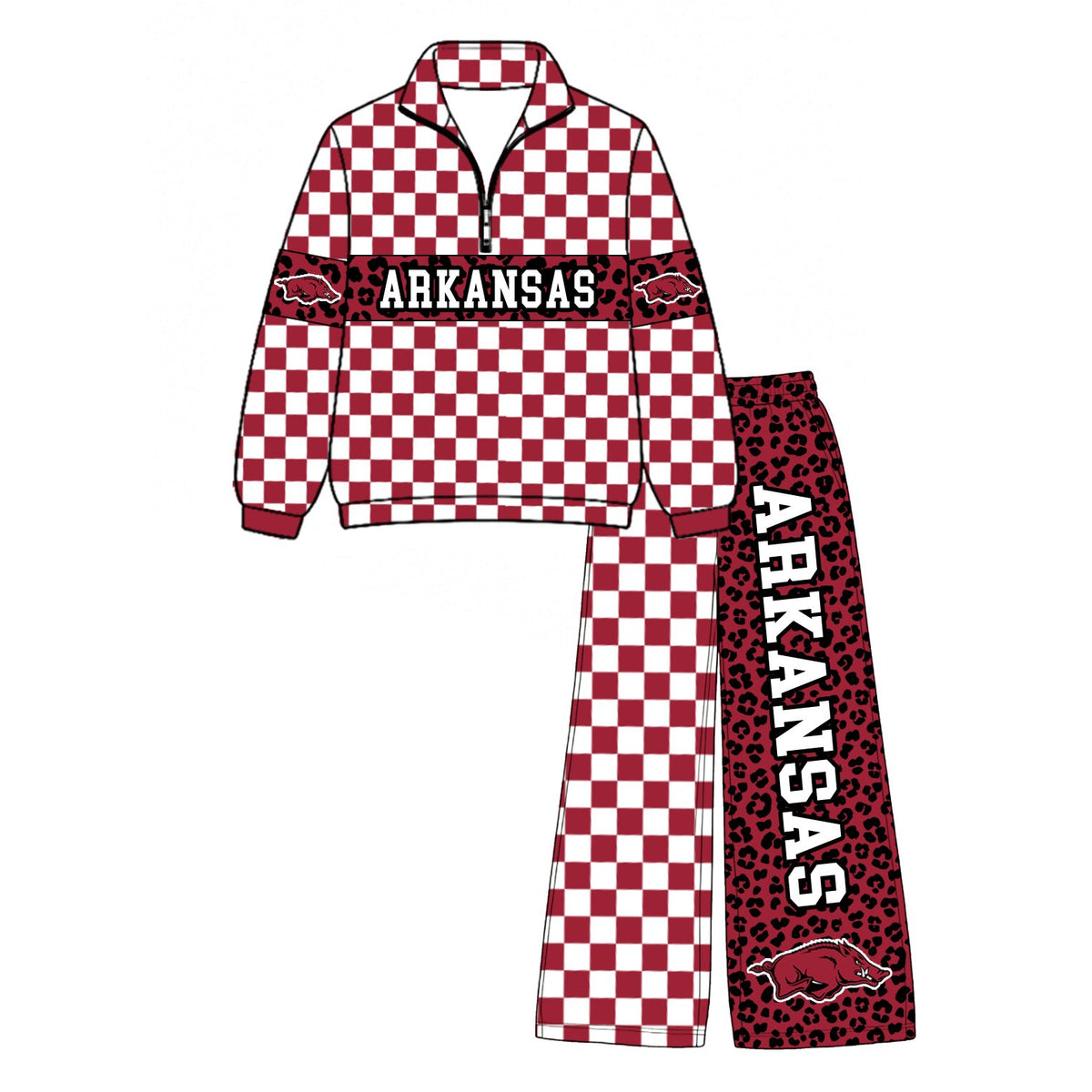(Custom Design Preorder MOQ 5 Each)Teams Leopard Checkered Print Long Sleeve Zipper Top Split Pants Girls Clothes Set Sisters Wear