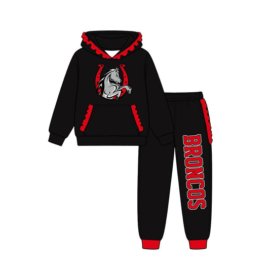 (Custom Design Preorder MOQ 5) Teams Lake Belton Broncos Black Red Ruffles Hoodie Top Pockets Joggers Pants Woman Yoga Clothes Set
