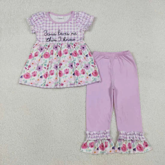 Sibling Baby Girls Flowers Checked Jesus Love Me Tunic Ruffle Pants Set Tunic Ruffle Rompers