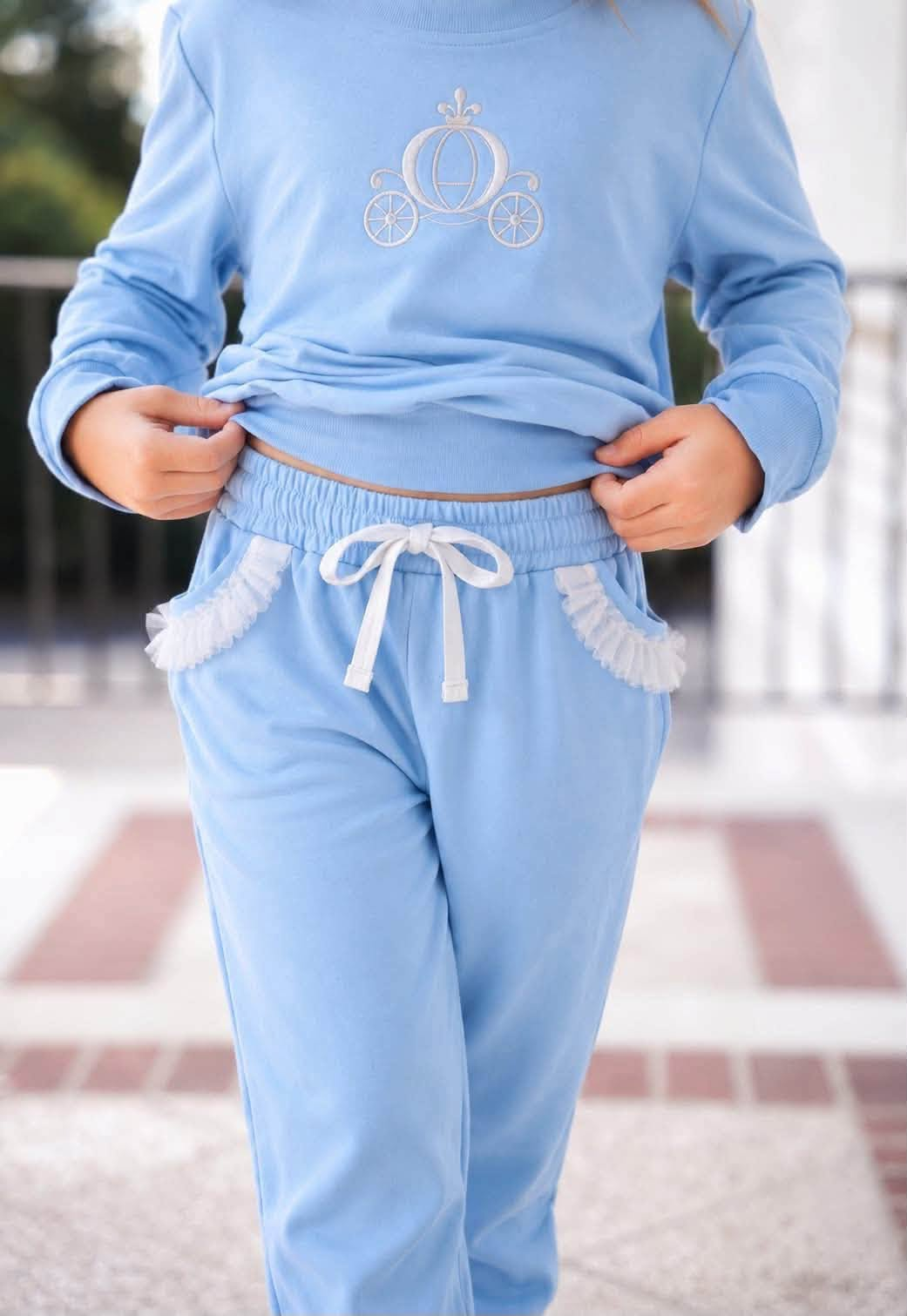(Custom Design Preorder MOQ 5 Each) Solid Color Cotton Long Sleeve Top Ruffle Pants Girls Princess Clothes Set Sisters Wear