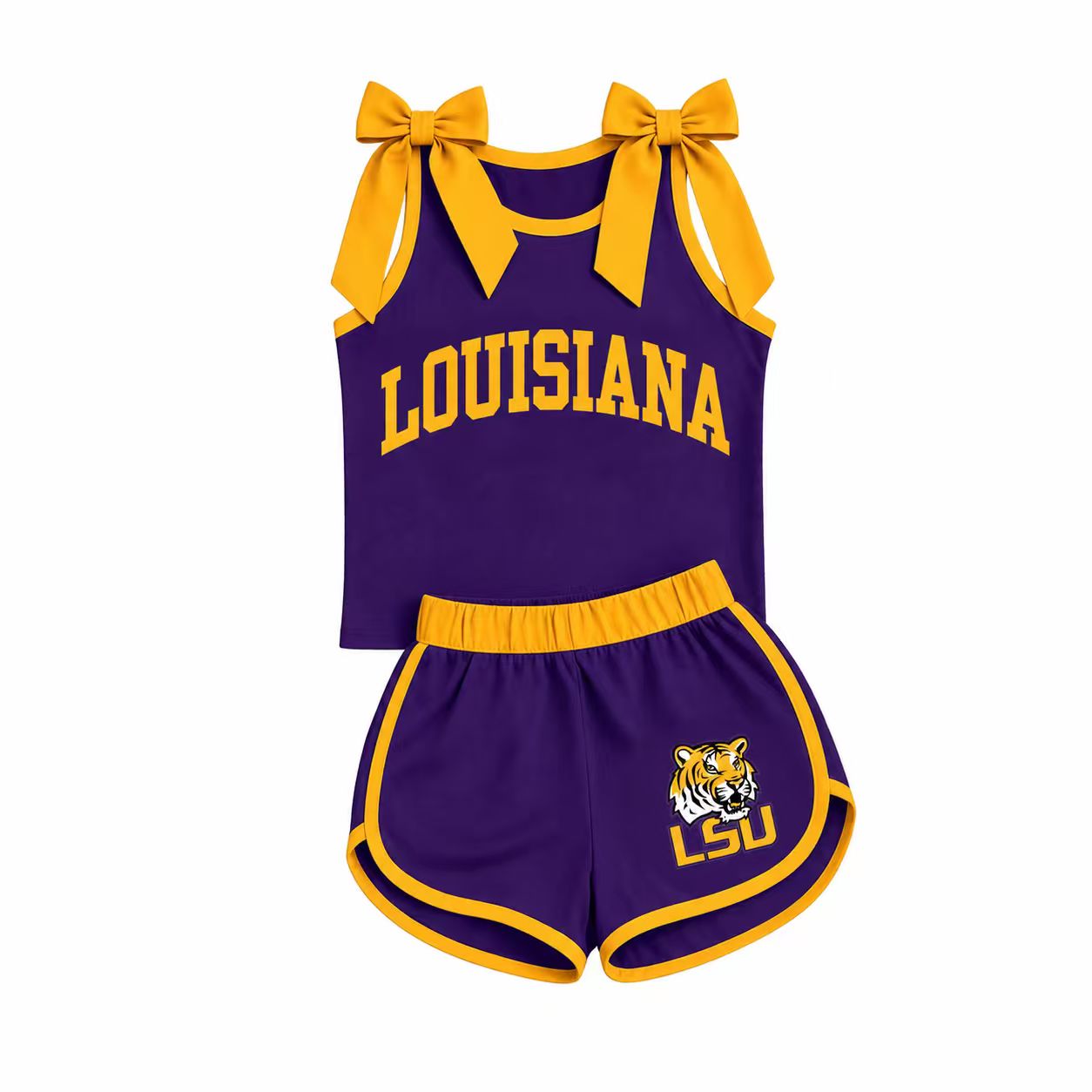 7.4 Preorder Girls Louisiana Yellow Bow Red Strap Tank &  Shorts 2 Piece Outfit