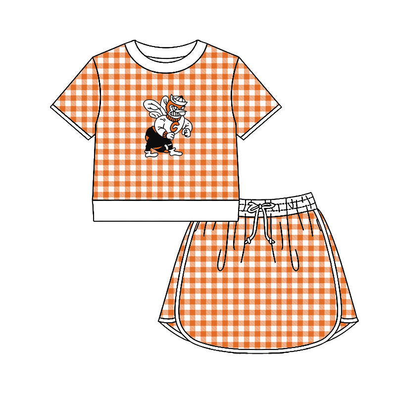 (Custom Design Preorder MOQ 5) Teams Caldwell Hornet  Top Orange Checkerd Skort Girls Summer Yoga Clothes Set