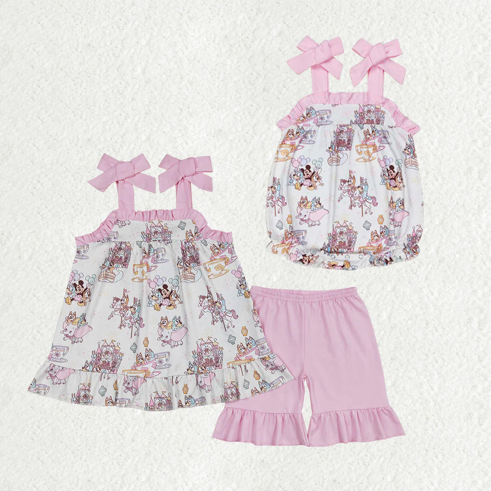 Baby Girls Cartoon Castle Summer Sibling Rompers Shorts Outfit
