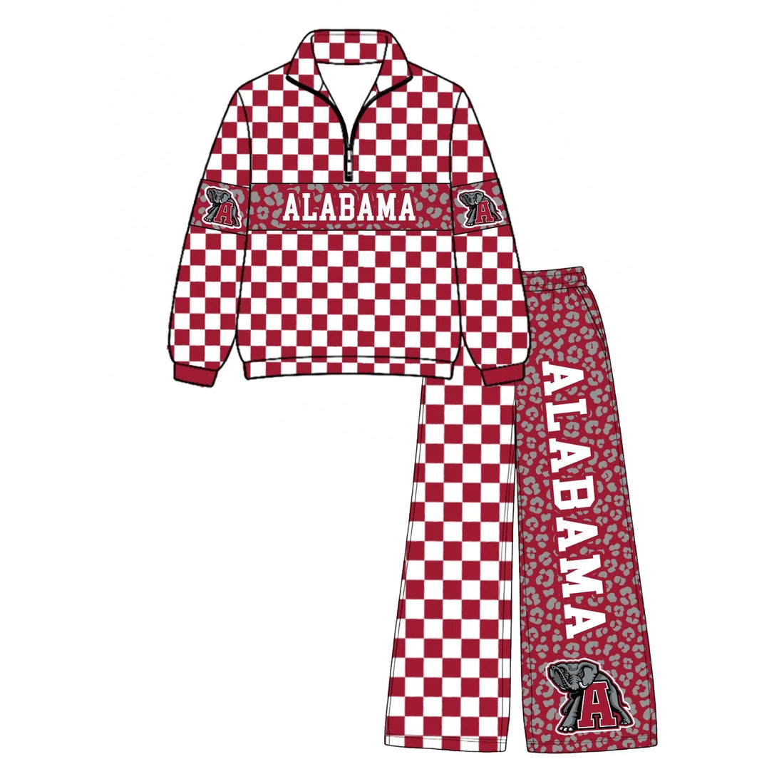 (Custom Design Preorder MOQ 5) Baby Boys Red Checked Leopard Alabama Zip Pullover Pockets Pants Team Clothes Sets