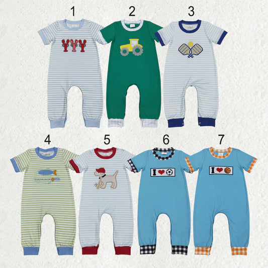 Sibling Baby Boys Short Sleeve Embroidery Pant Hunting Team Rompers