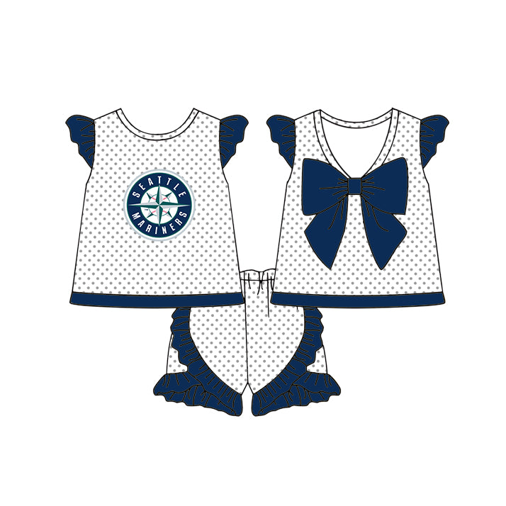 Preorder (moq 5)Baby Girls Mariners Polka Dots Back Bow Tunic Ruffle Shorts Team Clothes Sets