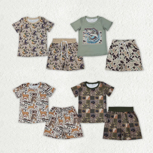 Sibling Baby Boys Deer Ducks Camo Top Pockets Short Hunting Pajamas Clothes Sets