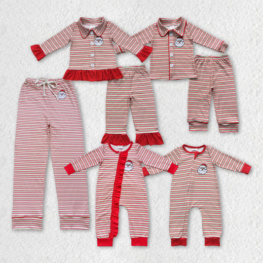 Santa Embroidery Red Stripes Print Family Christmas Pajamas Styles