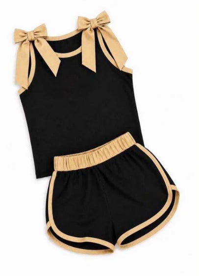 (Custom Design Preorder MOQ 5) Teams Black Gold Bows Top Shorts Mommy and Me Summer Cotton Clothes Set
