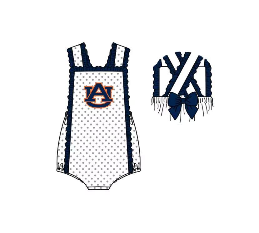 (Custom Design Preorder MOQ 5) Kids Girls Teams Auburn  Navy Polka Dot Sleeveless Romper