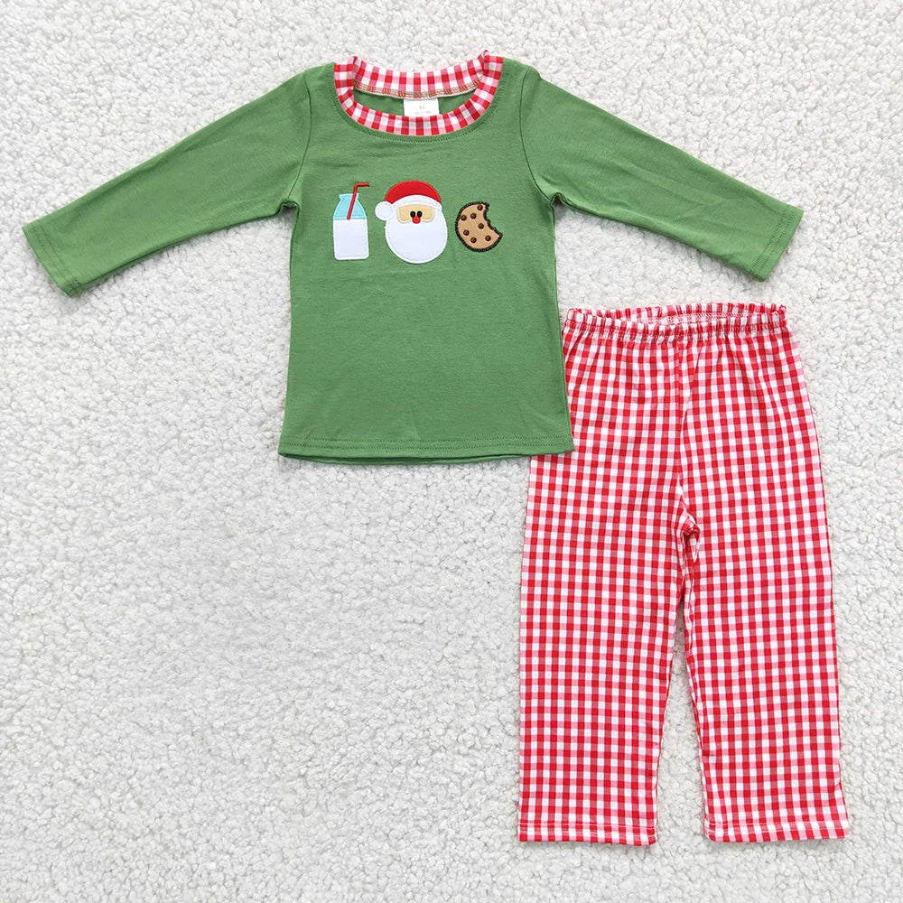 Cookies Santa Milk Embroidery Red Checkered Green Kids Christmas Matching Clothes Sibling Wear